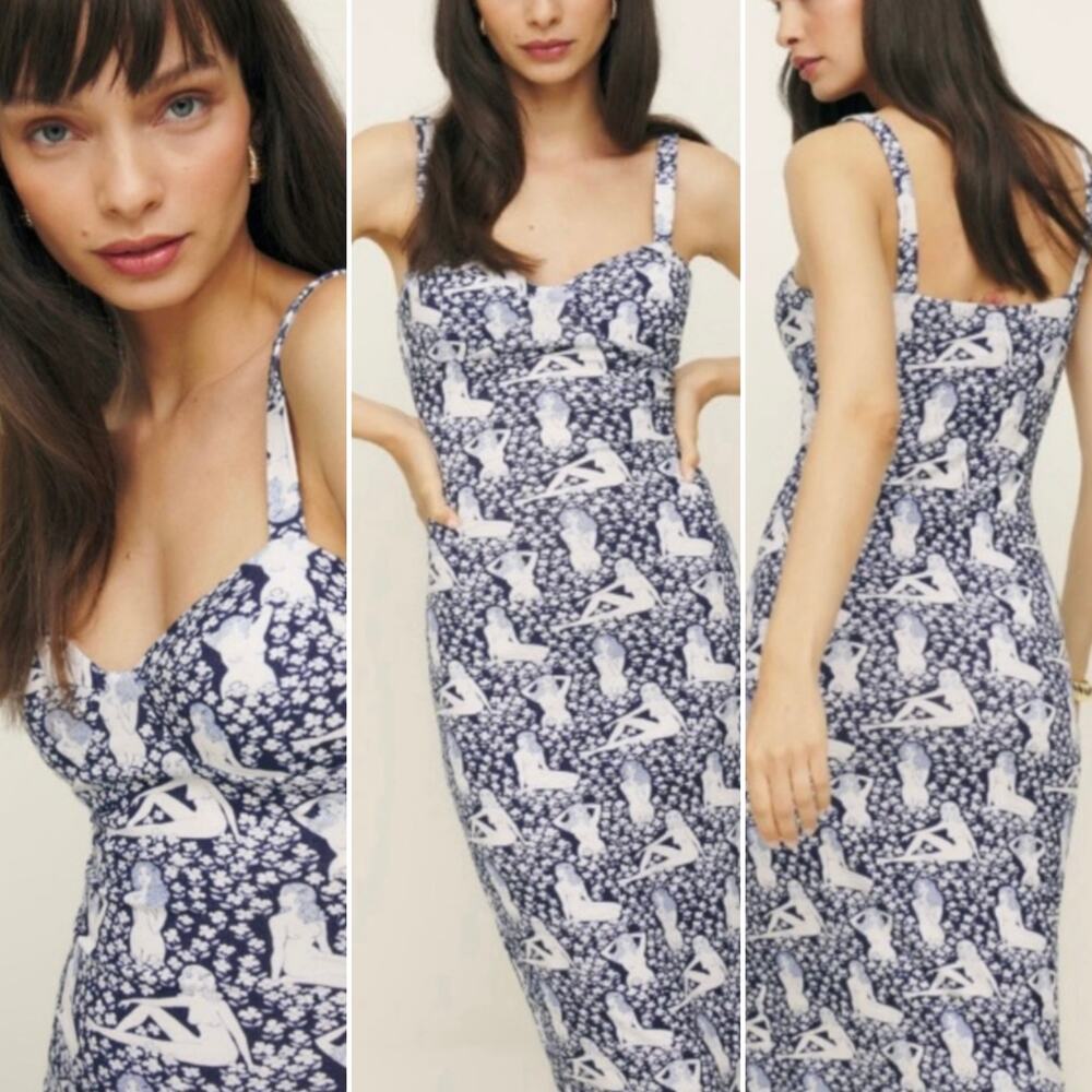 Reformation Beyonca Knit Dress in Au Natural blue white size XS C3